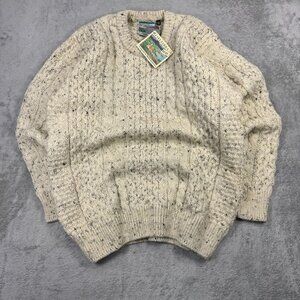 NWT Gaeltarra Aran Wool Cable Knit Crew Sweater Speckled Ireland Fisherman XXL